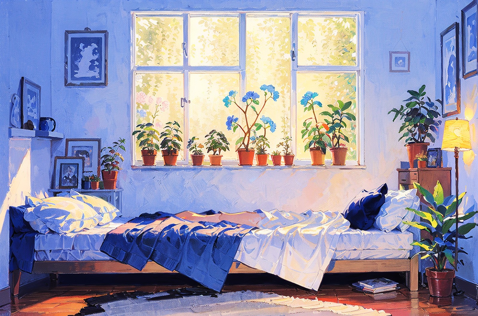 window, no humans, chair, table, indoors, plant, scenery, flower, vase, traditional media, painting (medium), bed, lamp, p...